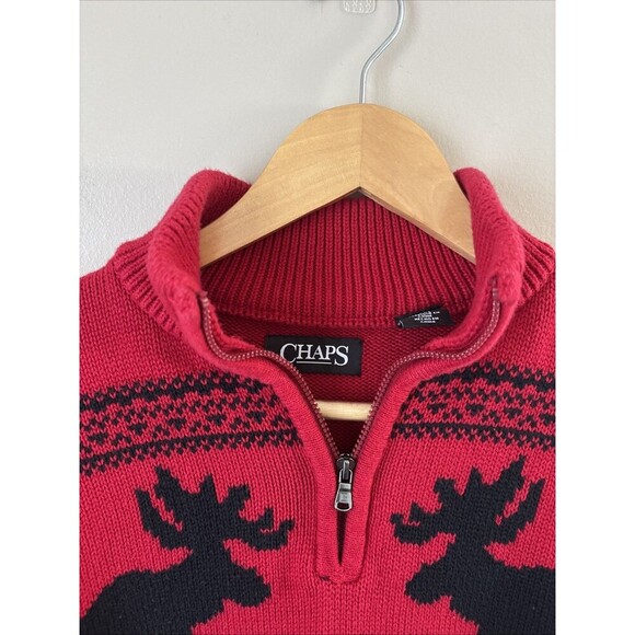 Chaps Men’s Red Quarter Zip Sweater Moose Fair Isle Design Size Large Holiday - Picture 3 of 7